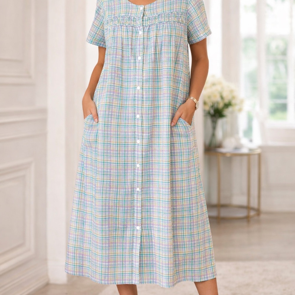 Intimate Essentials Vintage Cotton Pastel Plaid Snap Front Midi Pockets Size XL